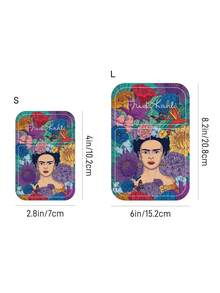 Frida Kahlo X SHEIN 1個優雅花卉藝術印花PU皮革材質粉紅色可折疊HD便攜式鏡子，可站立或手持，輕巧便攜，方便檢查妝容細節，適合旅行與通勤，墨西哥風格，芙烈達，花卉 - 寶藍色 - 查看 4