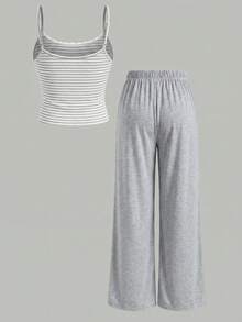 SHEIN Tween Girl Striped Camisole Top And Long Pants Set - Grey - View 2