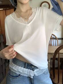 DAZY Women's Lace Patchwork Casual Versatile Daily Outing Short Sleeve T-Shirt Summer - White - View 2