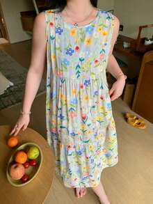 Dazy Plus 大尺碼女孩夏季花卉印花圓領寬鬆長款休閒睡裙睡衣 - 杏色 - 查看 6