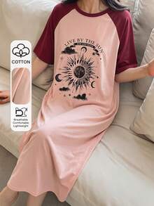 DAZY Sun Graphic Raglan Sleeve Long Dress, Women Summer Sleepwear - Pink - View 3