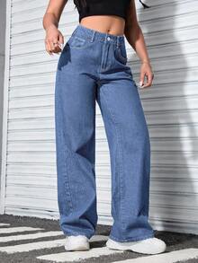 SHEIN ICON 大尺碼女款牛仔長褲 秋冬款 - 藍色 - 查看 6