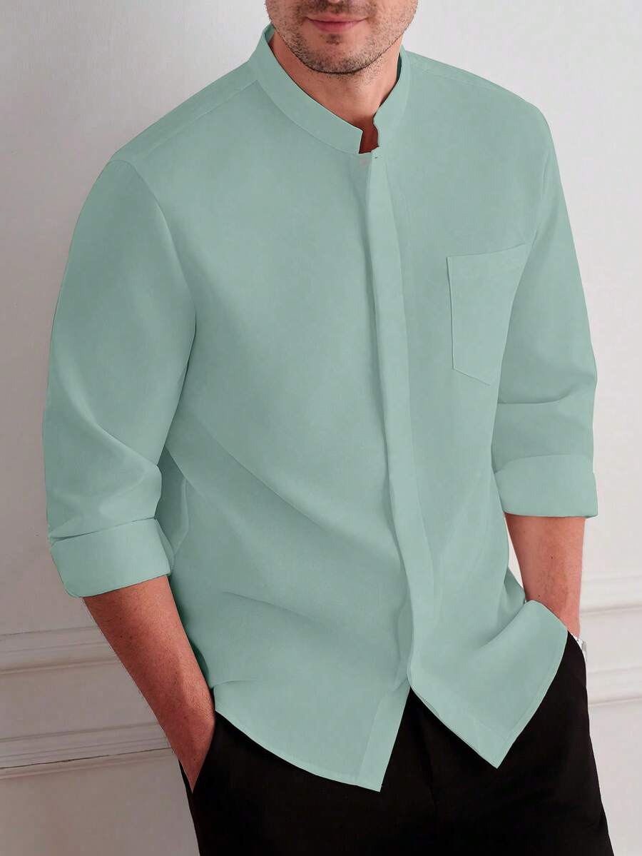 Core Aspect Men's Casual Minimalist Solid Color Front Button Patch Pocket Long Sleeve Shirt, Ceremony - Green - View 1
