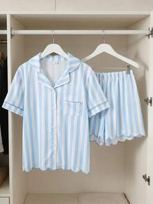 Girls' Pink And White Vertical Striped Short Sleeve Pajama Set, Sweet And Fresh Open Front Lapel Top With Wavy Hem And Leg Openings, Embroidered Casual Comfortable Loungewear For Spring And Summer - Blue - View 6