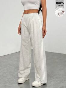 SHEIN PETITE Quần dài đen kẻ sọc bên hông, kiểu dáng đơn giản, thời trang hàng ngày, thích hợp cho lễ tốt nghiệp, trang phục tựu trường, lễ tốt nghiệp, trang phục giáo viên dành cho nữ, trang phục tựu trường. - Xám - Xem 5