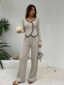 DAZY 2pcs Women Contrast Color Knit Top And Wide Leg Pants Set,Fall Clothes Lounge Sets For Women - Apricot - View 16
