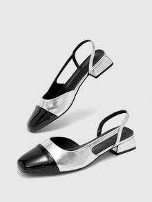 CUCCOO BIZCHIC Sepatu Pumps Wanita Ujung Lancip Hak Blok Warna-warni, Musim Semi/Panas - Perak Hitam - View 7