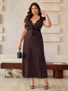 Roveilla 大码针织甜心领短袖收腰性感波点连衣裙 - 棕色 - 查看 4