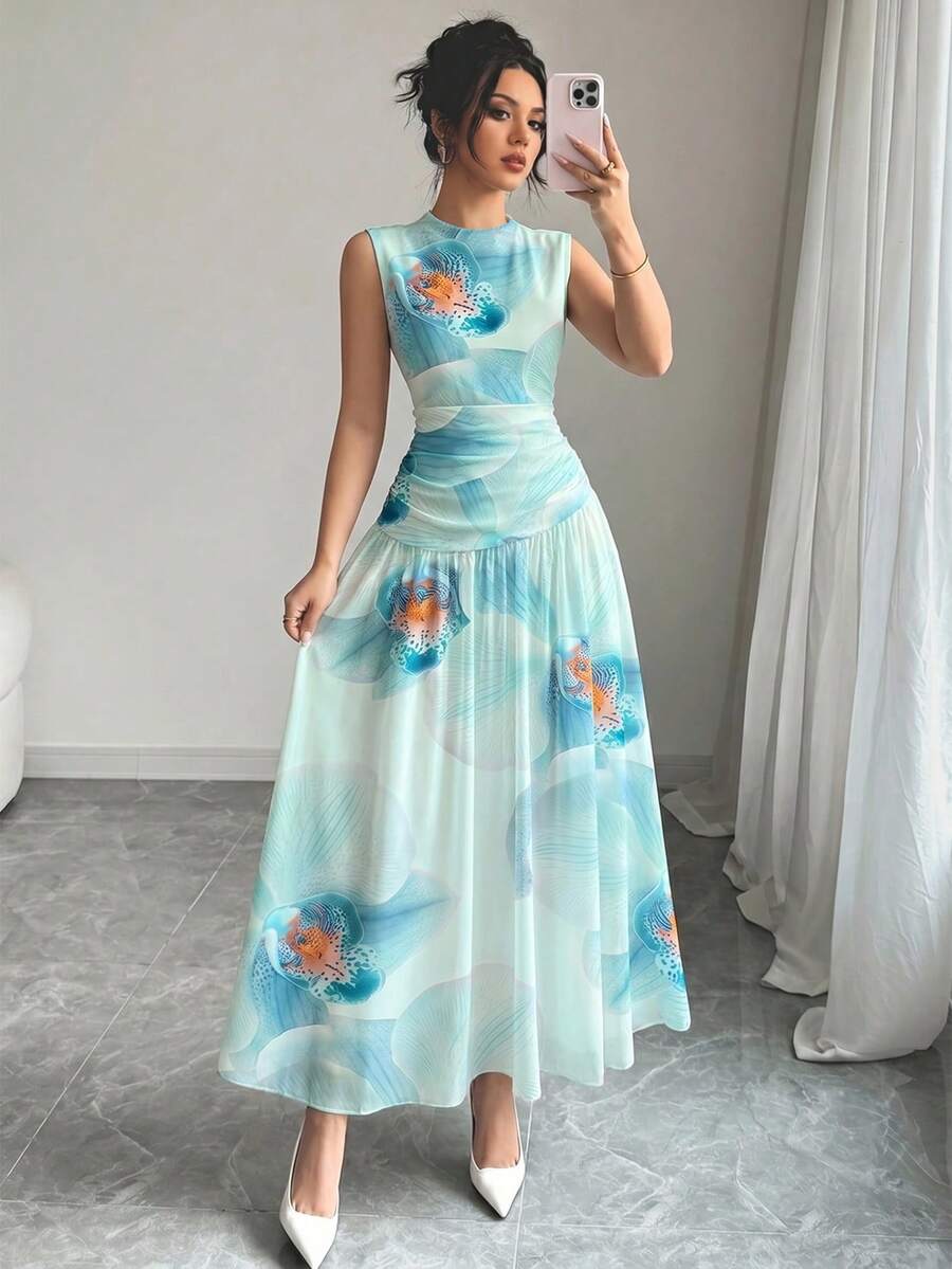 Modelyn 藍色蘭花印花法式無袖洋裝,女款時尚低腰收腰設計長版雪紡花卉洋裝,適合夏季度假與日常穿著 - 彩色 - 查看 1