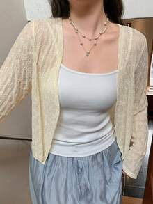 Dazy Plus 素色蕾絲V領修身長袖開襟外套 優雅大尺碼女款 春夏杏色薄款夾克 初秋可愛上衣 - 杏色 - 查看 2