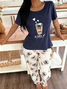 SHEIN Casual Underwear&Sleepwear 咖啡杯圖案印花休閒圓領短袖長褲女式睡衣套裝 - 杏色 - 查看 6