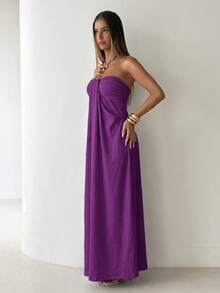 Aloruh Women's Fashion Holiday Party Solid Color Halter Neck Dress - Purple - View 4