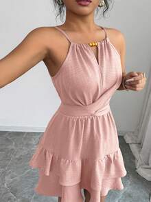 Elenzga Elegant Beaded Halter Tie Shoulder Ruffle Hem Plus Size Dress - Pink - View 3