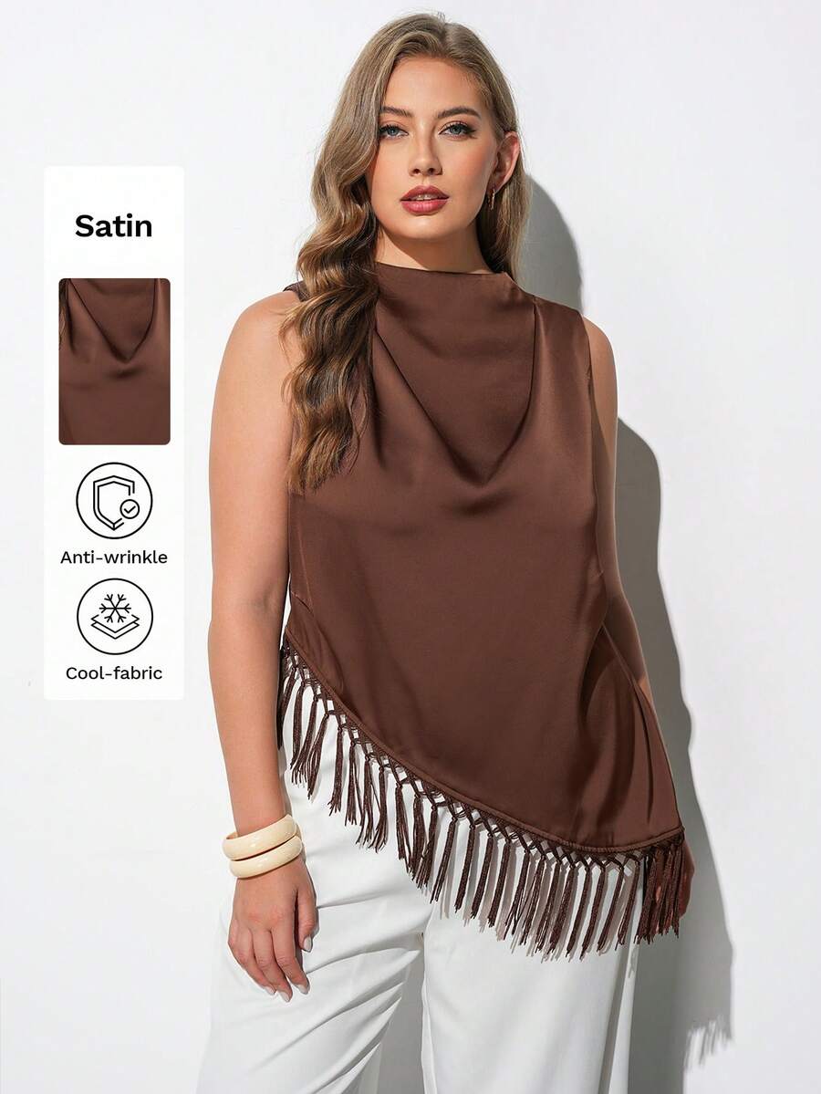 Maija Blusa de talla grande color marrón chocolate, otoño, elegante, sin mangas, cuello drapeado, dobladillo asimétrico con flecos, estilo old money, invitada a boda, casual de negocios - Marrón - Ver 1