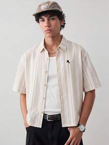 NORVETH Men's Casual Vacation & Commute Striped Print Embroidered Loose Fit Shirt, Summer - Khaki - View 2