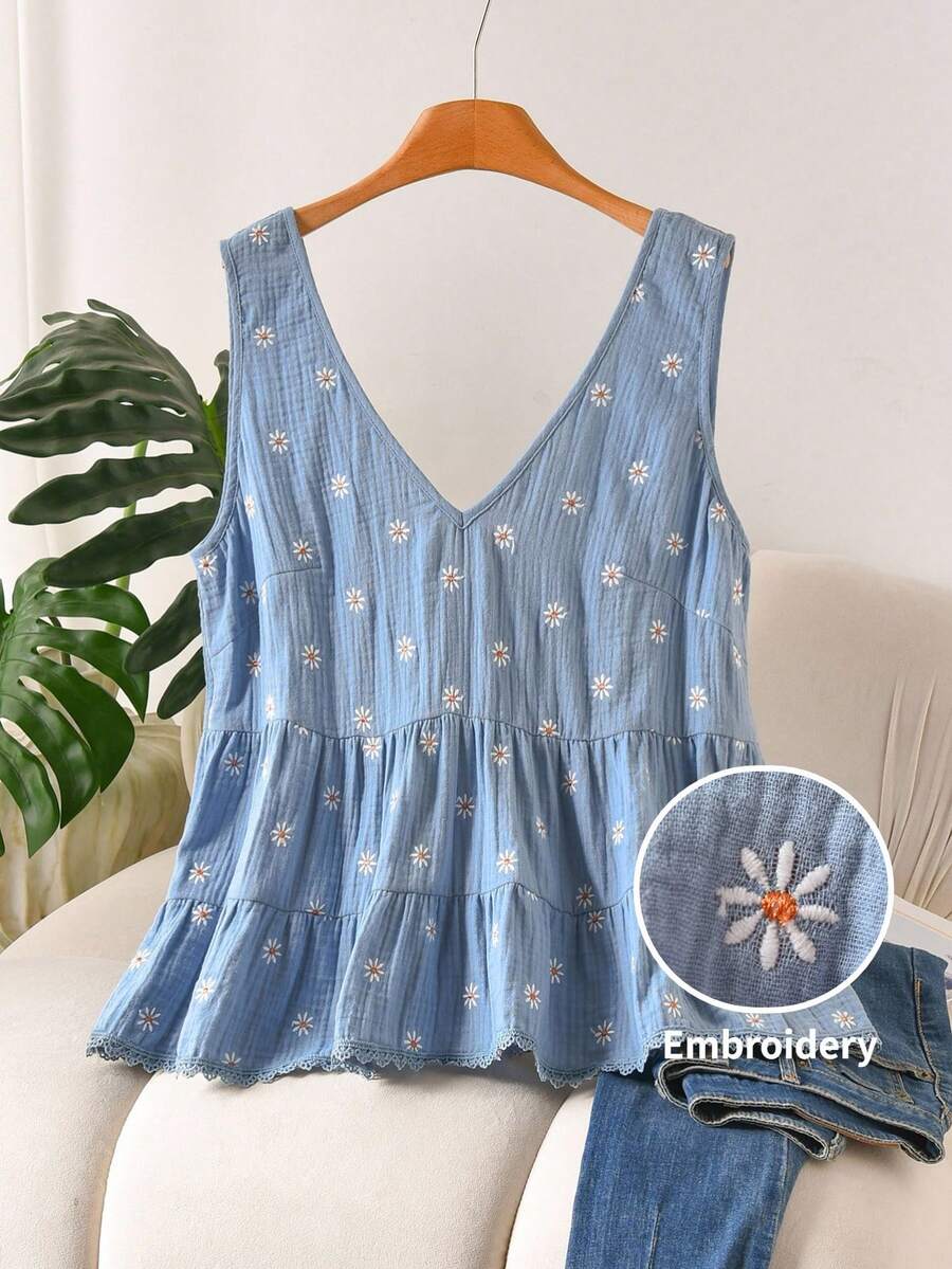 CosyJoli Áo kiểu nữ cỡ lớn mùa hè dáng suông thêu hoa, viền bèo nhún, không tay. - Màu xanh lam - Xem 1