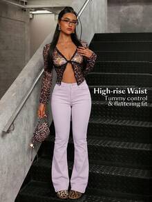 SHEIN Tall Women's Fashion Solid Color Slant Pocket Mid-Waist Denim Flare Pants - Purple - View 3
