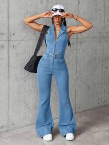 SHEIN EZwear 女款夏季休閒無袖牛仔連身褲 - 藍色 - 查看 5