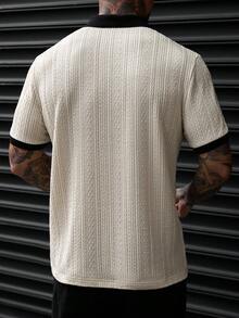 Manfinity CasualCool 男士杏色拼色領 POLO 衫，紋理提花短袖上衣，休閒日常通勤上衣 - 杏色 - 查看 2