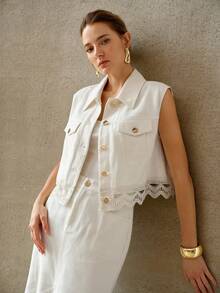 MOTF PREMIUM WOMEN'S SPRING/SUMMER PURE COTTON LACE TRIM PATCHWORK VEST JACKET - Beige - View 6