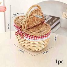1 pieza Cesta de picnic de mimbre tejida a mano con tapa & asa, cesta tejida natural para almacenamiento de alimentos, camping, compras & decoración del hogar. Existe una ligera variación de color, sin impacto en el uso y la apariencia. - Cesta de picnic - Ver 13