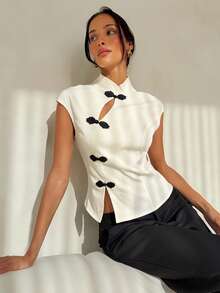 Aloruh Blouse élégante pour femmes avec col montant, style chinois moderne, boutons grenouille, coupe ajustée et taille cintrée - Nude - Voir 4