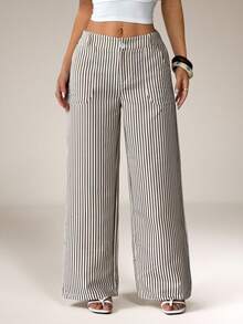 SHEIN PETITE Celana Panjang Lurus Pinggang Rendah Bahan Linen untuk Wanita Musim Panas Musim Gugur, Pakaian, Wanita Bertubuh Mungil - Khaki - View 4