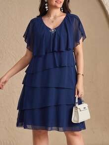 Chikora Plus Size Women's Summer Simple Solid V-Neck Ruffle Bow Decor Dress - Navy Blue - View 1