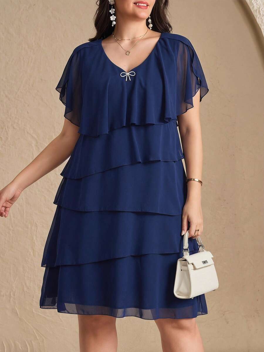 Chikora Plus Size Women's Summer Simple Solid V-Neck Ruffle Bow Decor Dress - Navy Blue - View 1