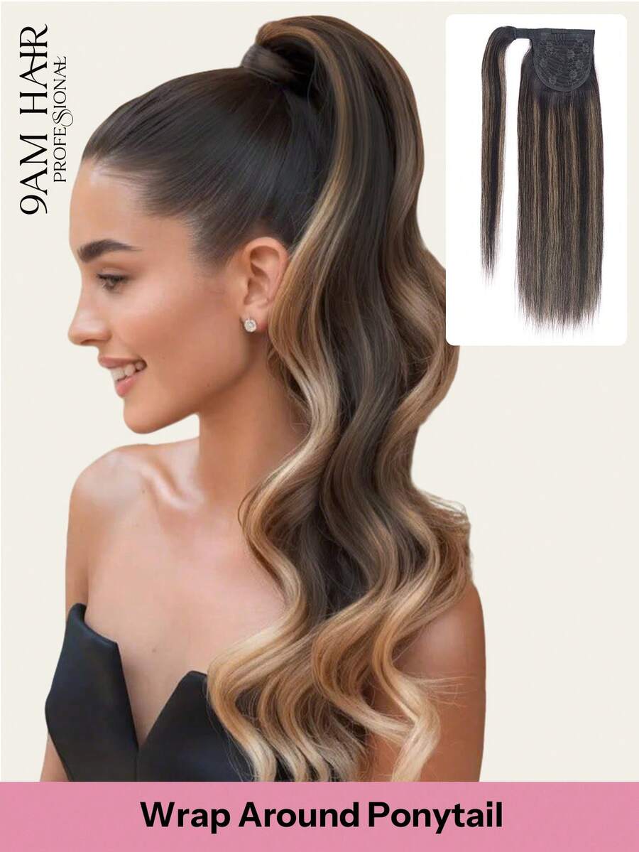 Pony Tails Real Hair Extension Straight Ponytail Extension Human Hair Ombre Nature Black To Chestnut Brown Mix Nature Black Hair Extensions Invisible Wrap Around Ponytail Human Hair For Women Daily Work - STP1B/6/1B - View 1