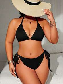 Swim Lushoire Plus Size Women's Solid Color Halter Tie Sexy Bikini Set For Beach Summer Beach - Navy Blue - View 5