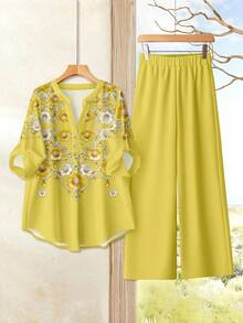 Rusticease Casual Minimalist Style Faux Pearl Floral Embroidered Woven Shirt And Loose Pants 2-Piece Set For Women, Versatile For Spring/Summer - Khaki - View 6