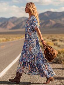 LanaWest Women's Vintage Boho Country Paisley Maxi Dress, Elegant Button Front Split Hem Long Sundress For Resort Road Trip Western Farm Party - Navy Blue - View 3