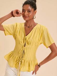 Travachic Spring/Summer Solid Color Woven Short Sleeve Women's Blouse Pale Yellow Elegant Romantic Brunch Vacation - Brown - View 6