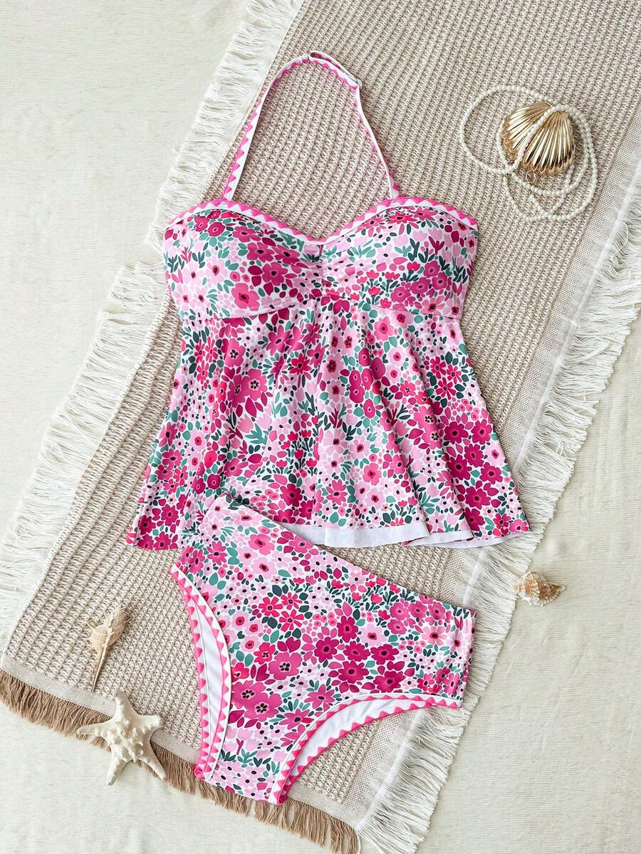 SHEIN Tween Girls Tankini Set, Knitted Small Floral Print Halter Neck Ruffle Cute Doll Hem Swimsuit - Hot Pink - View 1