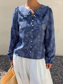 DAZY Summer Autumn Peter Pan Collar Petal Sleeve Button Embroidered Fabric Loose Blue Women's Blouse - Blue - View 4