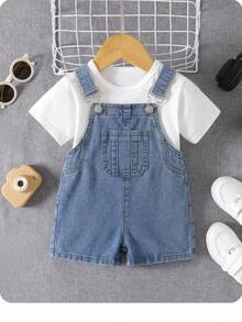 Baby Boy Loose Fit Blue Denim Bib Shorts - Medium Wash - View 7