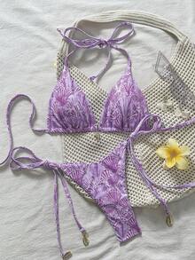 Swim Vcay Springbreak Women's Shell Print Halter Neck Bikini Two-Piece Swimsuit - Purple - View 7