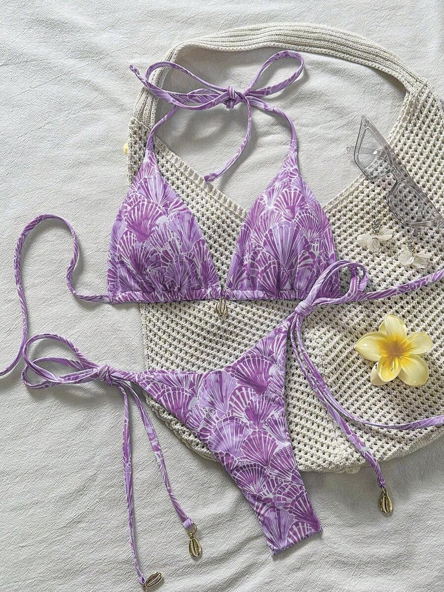 Swim Vcay Đồ bơi bikini hai mảnh cổ yếm in họa tiết vỏ sò cho nữ Springbreak - Màu tím - Xem 1