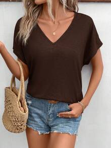 SHEIN Frenchy Áo thun tối màu phong cách tối giản thường ngày, 95% phù hợp cho mùa hè - màu nâu - Xem 6