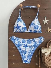 SHEIN Teen Girls' Summer Beach Vacation Blue & White Ocean Creature Print Halter Bikini Set - Blue and White - View 7