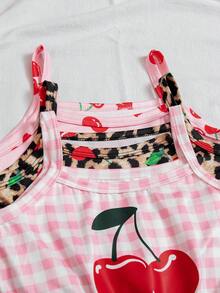 SHEIN Elladie kids 3件套女童夏季新款吊带樱桃豹纹纯色连体衣，简约百搭时尚度假风连体裤 - 彩色 - 查看 4