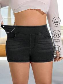 SHEIN Essnce Plus Size Women's Casual Traditional Alternative Stretch Skinny Denim Shorts Black Summer Formal Holiday - Dark Grey - View 1