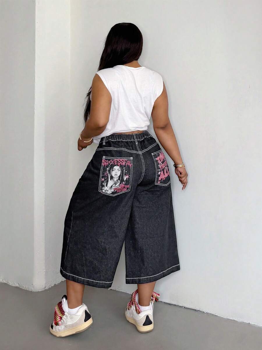 Jeanoix Y2K大尺碼女款無彈力牛仔褲，美式街頭風藍色與黑色七分牛仔褲，夏季辣妹街頭印花圖案小眾設計寬腿褲，女款牛仔套裝 - 黑色 - 查看 1