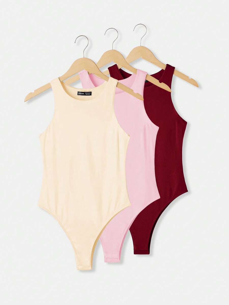 SHEIN BASICS 3件裝休閒圓領無袖貼身純色針織女款連身衣 - 彩色 - 查看 1