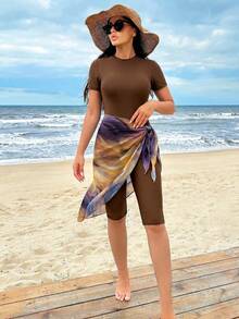 Swim Shayni Women's Round Neck Regular Shoulder Short Sleeve Slim Fit Summer Beach Burkini - Brown - View 3