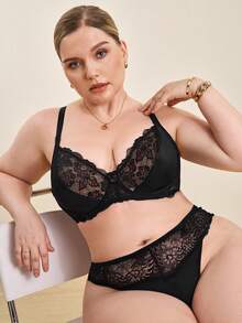 Hourtrue Plus Contrast Lace Underwire Bra Lingerie, Lift - Black - View 9