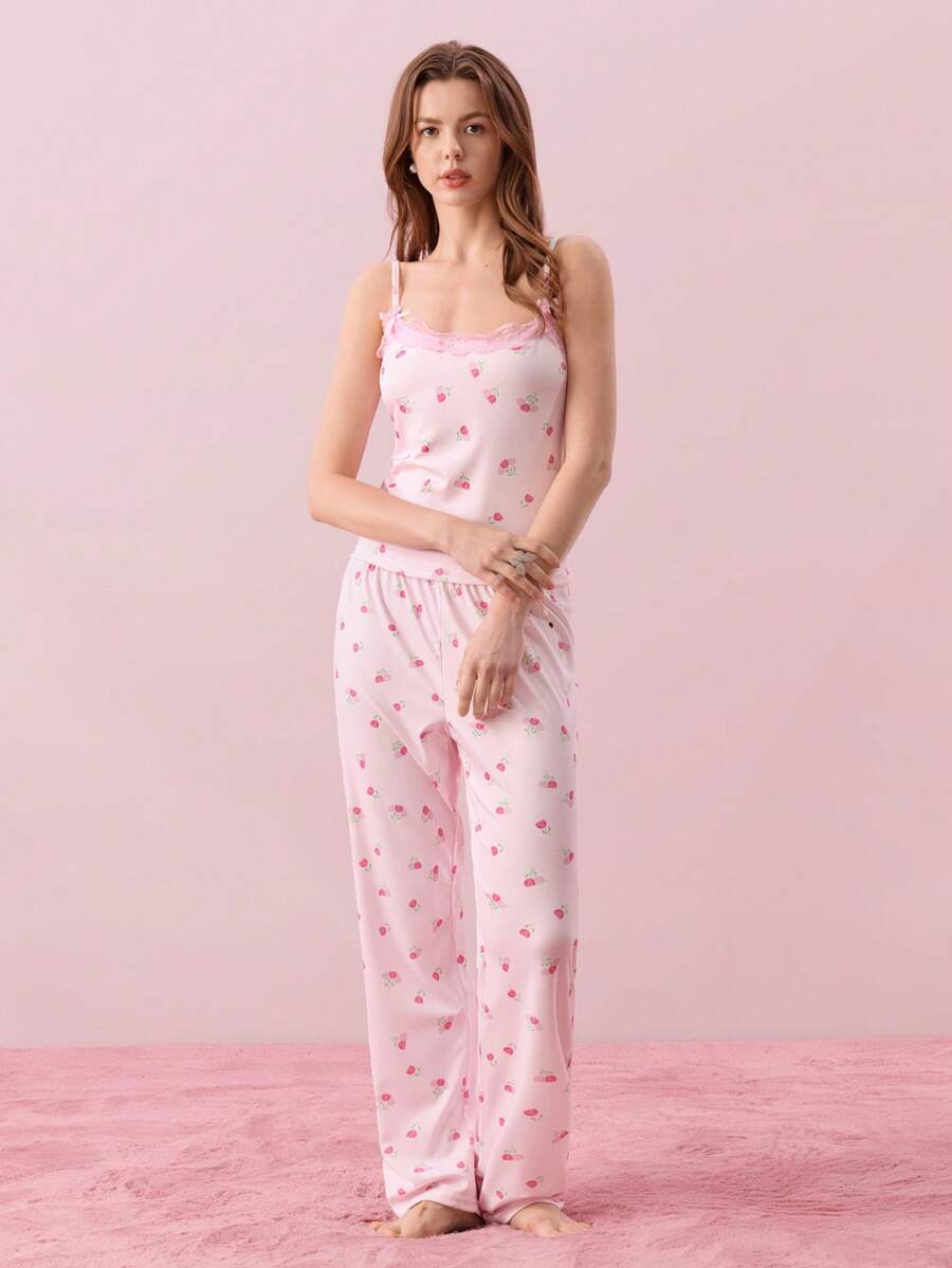 Bonmuse 两件套花卉印花蕾丝拼接吊带背心和松紧腰裤睡衣套装,适合春、夏、秋季穿着,可户外穿着。 - 查看 1