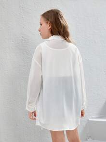 SHEIN Tween Girl Drop Shoulder Button Front Drop Shoulder Shirt - White - View 2