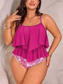 Swim Lushoire 2pcs Plus Size Women Green Spaghetti Strap Ruffle Trim Top & High Waist Ruffle Trim Pants Set, Summer Beach Holiday - Multicolor - View 4
